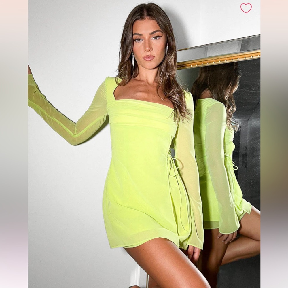 Beginning Boutique Lucy Lime Neon Long Sleeve Mini Dress Like New Super Cute! 💚